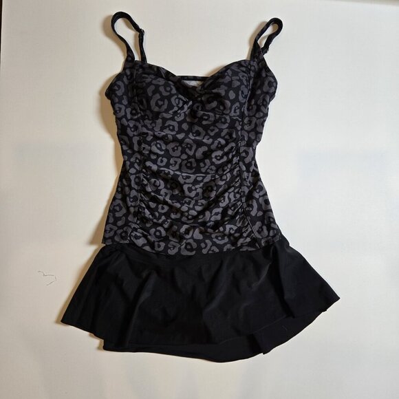 Merona Swimsuit Womens Med Large Tankini Bikini Skirt 2 Pc Black Gray Leopard - Picture 1 of 10